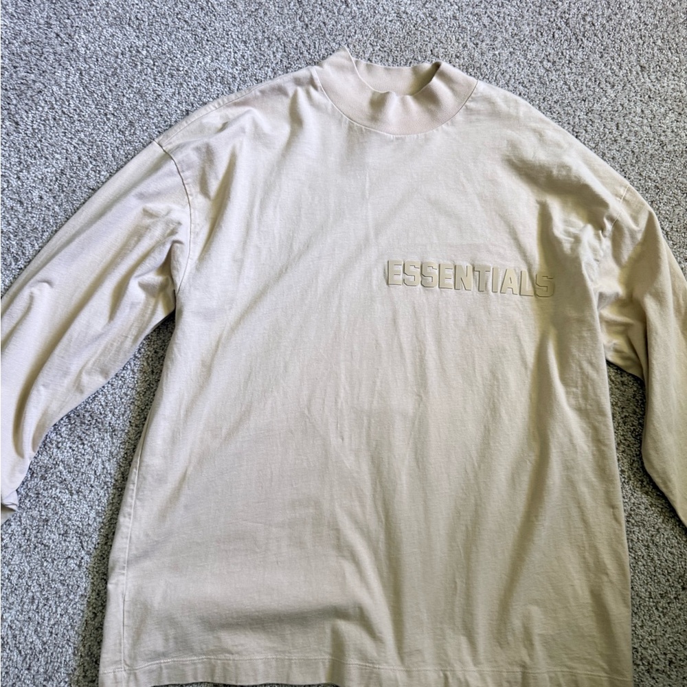 Essentials Oversized Cream Long Sleeve Embossed Logo Tee